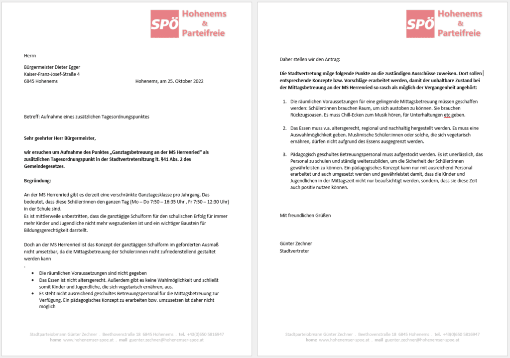 Zum Lesen Bild anklicken! Antrag Ganztagsbetreuung an der MS Herrenried